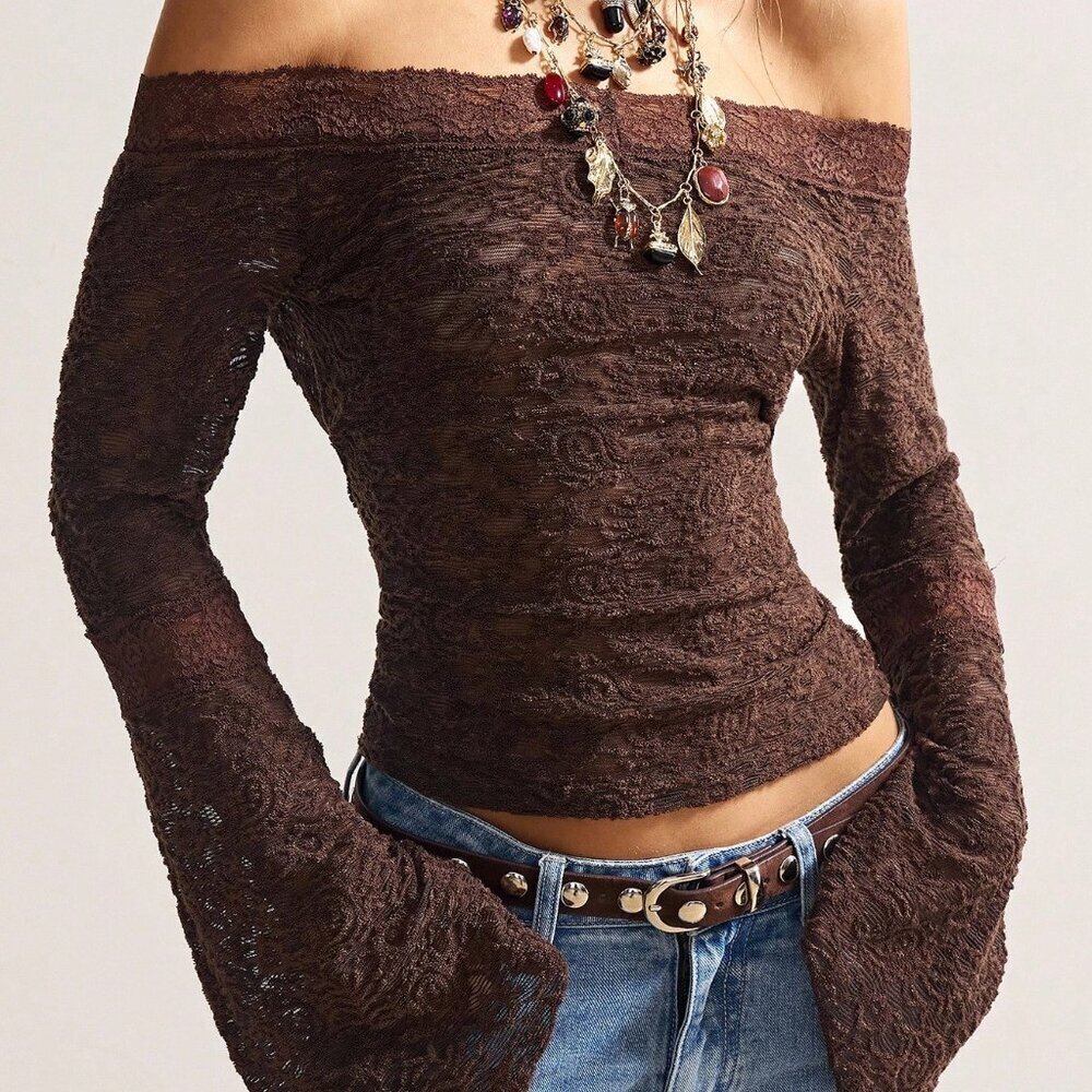 Mocha Brown Boho Women's Knit Off Shoulder Top - Picture 4 of 9